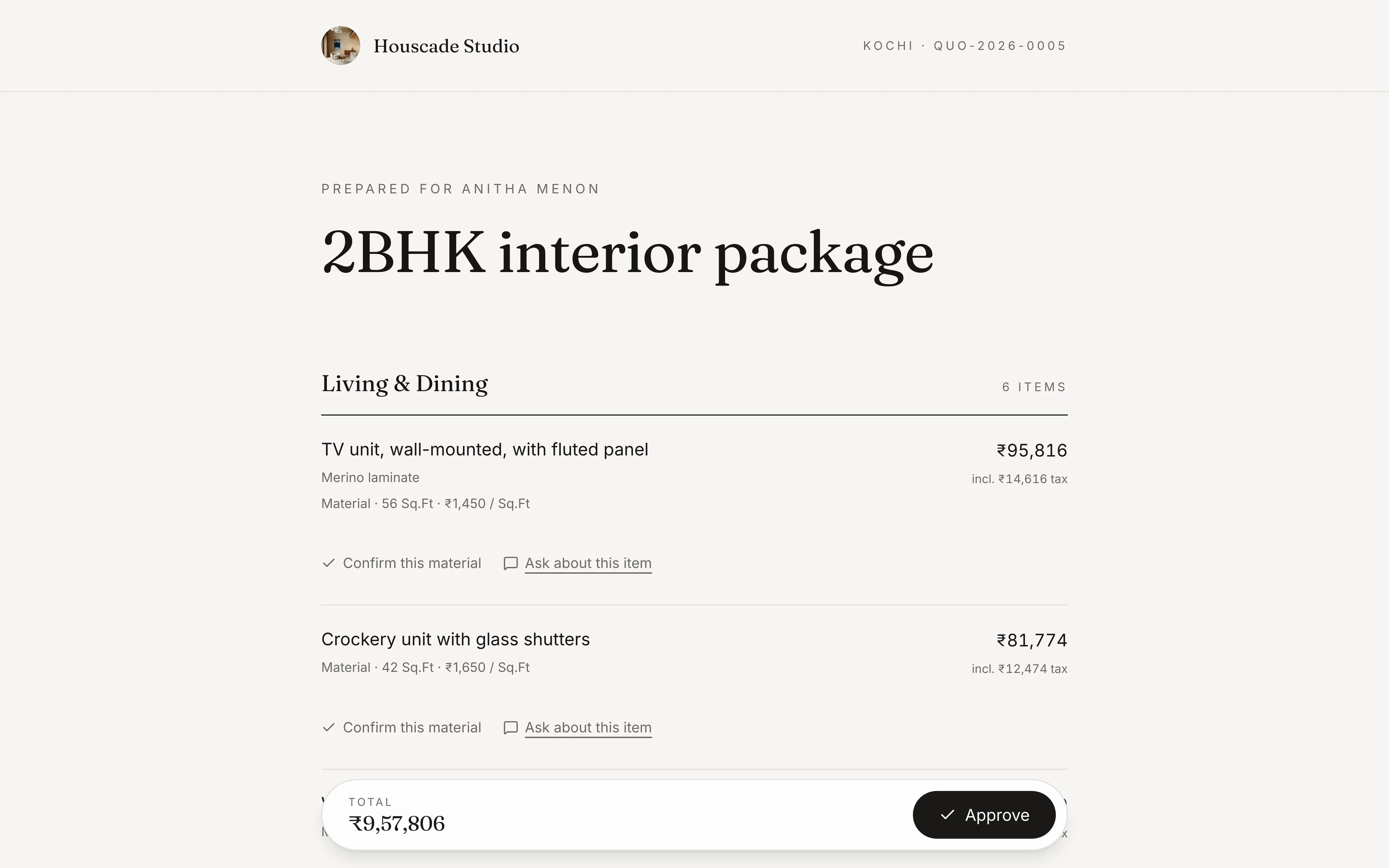 A Houscade client quotation: a 2BHK interior package priced line by line, with an Approve button